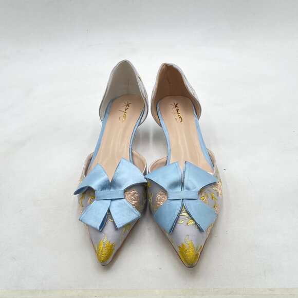 XYD Blue Flower Embroidery D'Orsay Kitten Heel Bridal Bowknot Pointed Toe Pumps - Picture 3 of 8